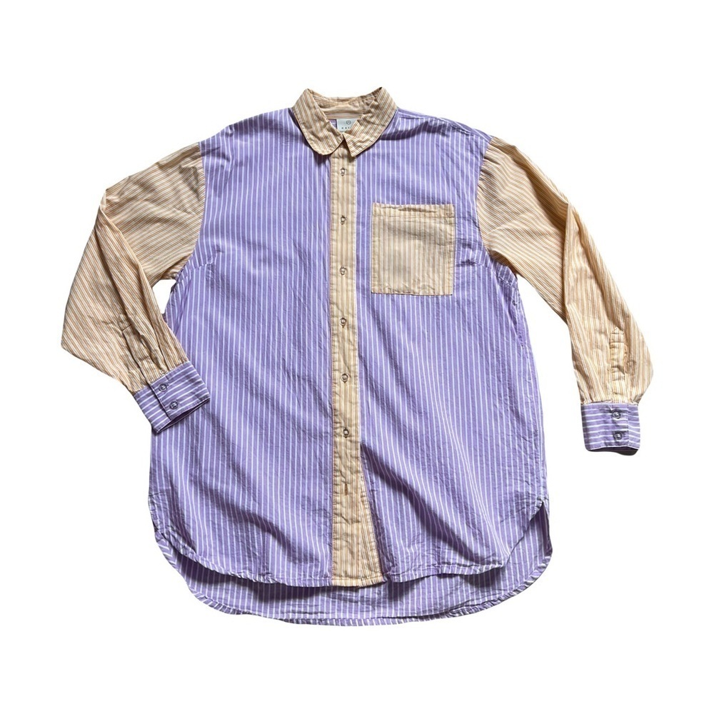 purple and orange striped button down